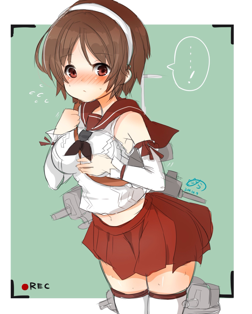 ...! 1girl assault_rifle blush border breasts brown_eyes brown_hair cannon dated detached_sleeves embarrassed eyebrows_visible_through_hair green_background gun hair_between_eyes hairband hakama hakama_skirt headband highres japanese_clothes kantai_collection medium_breasts natori_(kantai_collection) neckerchief nora_(salatto) pleated_skirt recording red_eyes red_hakama rifle school_uniform serafuku short_hair signature skirt solo sweatdrop thighhighs torpedo_launcher turret viewfinder weapon white_border white_hairband white_legwear