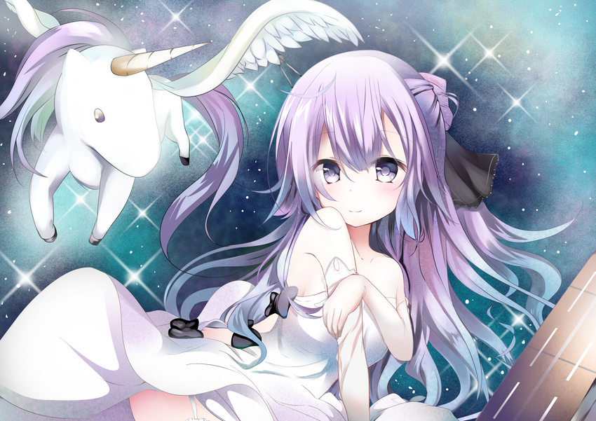 azur_lane bangs bare_shoulders black_bow black_ribbon blush bow breasts closed_mouth commentary_request dress elbow_gloves eyebrows_visible_through_hair feathered_wings flight_deck garter_straps gloves hair_between_eyes hair_bun hair_ribbon highres kuromiko_shoujo long_hair looking_at_viewer looking_to_the_side medium_breasts one_side_up pegasus purple_eyes purple_hair ribbon side_bun sky smile solo star_(sky) starry_sky strapless strapless_dress unicorn unicorn_(azur_lane) very_long_hair white_dress white_gloves white_wings wings