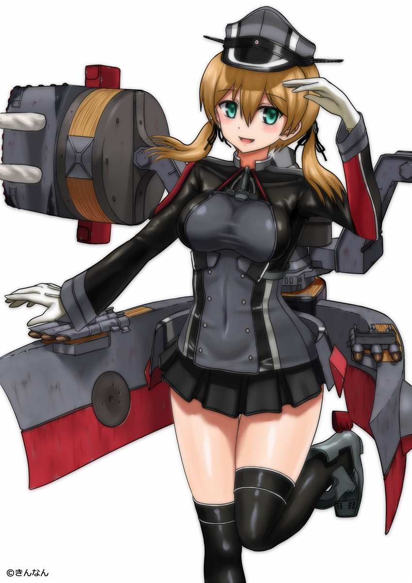 anchor anchor_hair_ornament black_legwear black_ribbon black_skirt blonde_hair breasts gloves green_eyes hair_ornament hair_ribbon hat highres kantai_collection kinnan large_breasts long_sleeves low_twintails md5_mismatch microskirt peaked_cap pleated_skirt prinz_eugen_(kantai_collection) ribbon rigging simple_background skirt solo thighhighs torpedo torpedo_tubes turret twintails uniform white_background white_gloves