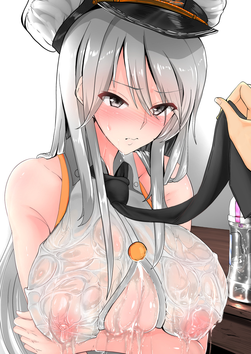 1girl allez0525 areolae azur_lane bare_shoulders black_neckwear blush bottle breast_hold breasts center_opening closed_mouth enterprise_(azur_lane) eyebrows_visible_through_hair eyes_visible_through_hair hat hetero highres large_breasts long_hair looking_at_viewer lotion necktie nipples nose_blush peaked_cap see-through shirt silver_eyes silver_hair skindentation sleeveless sleeveless_shirt solo_focus very_long_hair wet wet_clothes wet_shirt