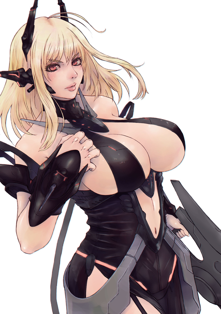 absurdres alva bare_shoulders blonde_hair breasts cleavage eyebrows eyebrows_visible_through_hair highres hips large_breasts lips long_hair looking_at_viewer navel original parted_lips red_eyes solo thighs