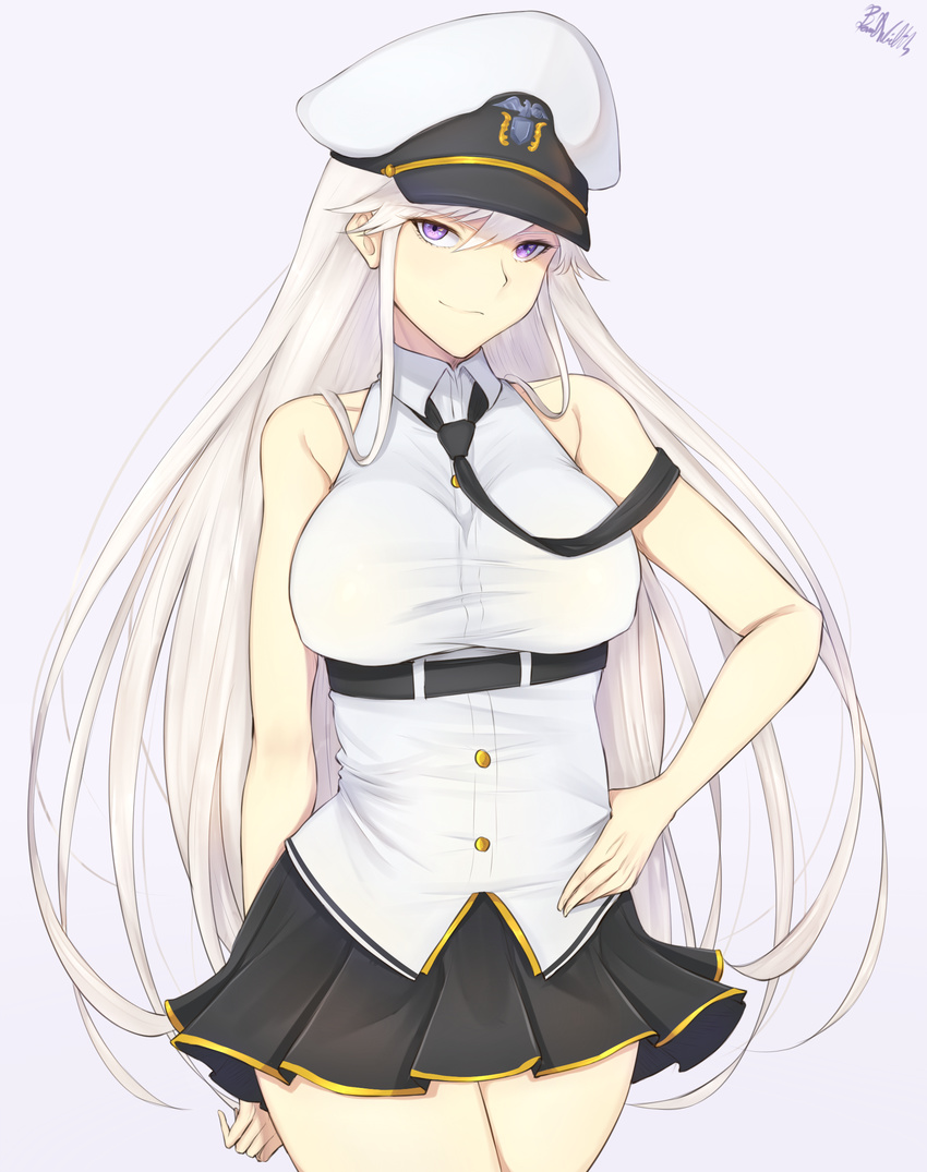 azur_lane band-width bare_shoulders belt black_belt black_neckwear black_skirt breasts covered_nipples cowboy_shot enterprise_(azur_lane) hair_between_eyes hand_on_hip hat highres large_breasts long_hair looking_at_viewer miniskirt necktie peaked_cap pleated_skirt purple_eyes shirt sidelocks silver_hair skirt sleeveless sleeveless_shirt solo taut_clothes taut_shirt underbust very_long_hair white_shirt