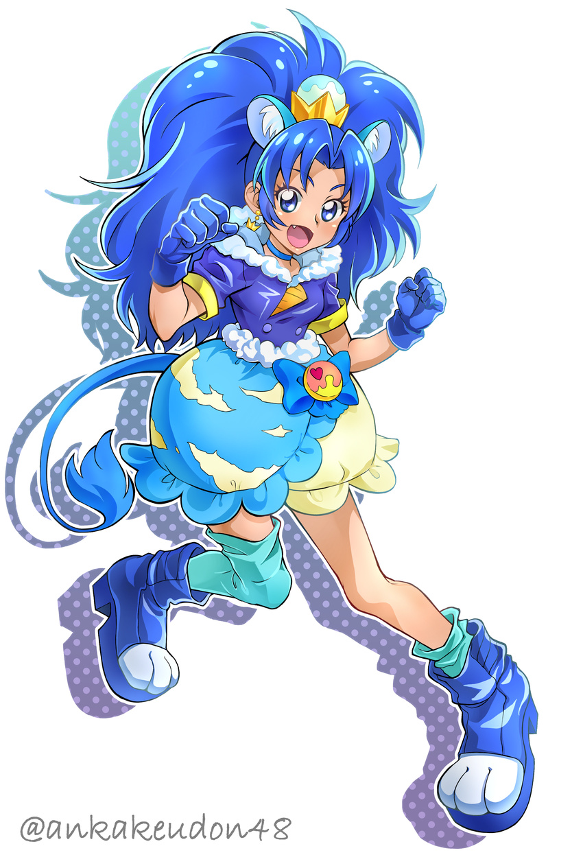 :d absurdres animal_ears ankake_(ankakeudon48) blue_bow blue_eyes blue_footwear blue_gloves blue_hair blue_legwear blue_neckwear blue_shirt blue_skirt bow bubble_skirt choker clenched_hand commentary_request crown cure_gelato drop_shadow earrings extra_ears full_body gloves highres jewelry kirakira_precure_a_la_mode layered_skirt lion_ears lion_tail long_hair looking_at_viewer magical_girl mini_crown open_mouth precure shirt shoes simple_background single_thighhigh skirt smile solo tail tategami_aoi thighhighs twitter_username white_background white_skirt