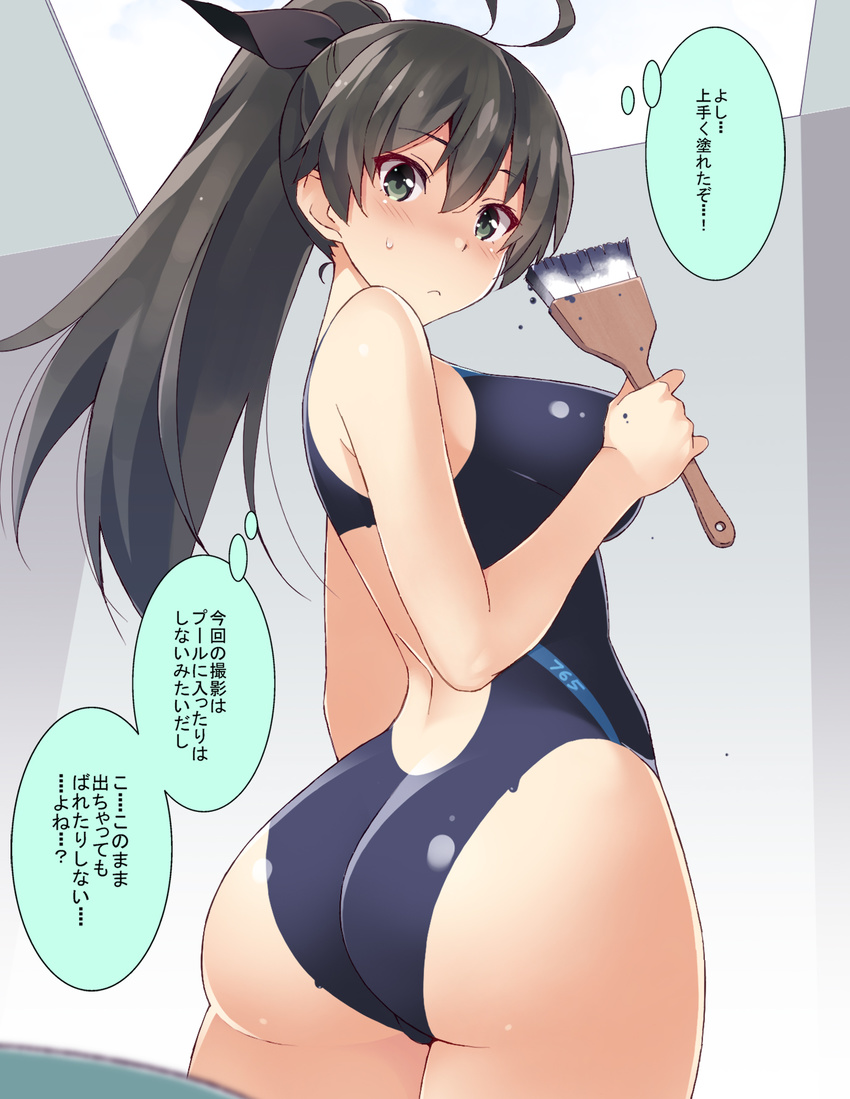 :c antenna_hair ass bare_arms black_hair blush bodypaint breasts commentary_request competition_swimsuit cowboy_shot eyebrows_visible_through_hair from_behind ganaha_hibiki green_eyes highres holding idolmaster idolmaster_(classic) large_breasts long_hair looking_at_viewer looking_back nakamura_yukitoshi naked_paint nude one-piece_swimsuit paintbrush painted_clothes ponytail solo standing sweatdrop swimsuit thought_bubble translated