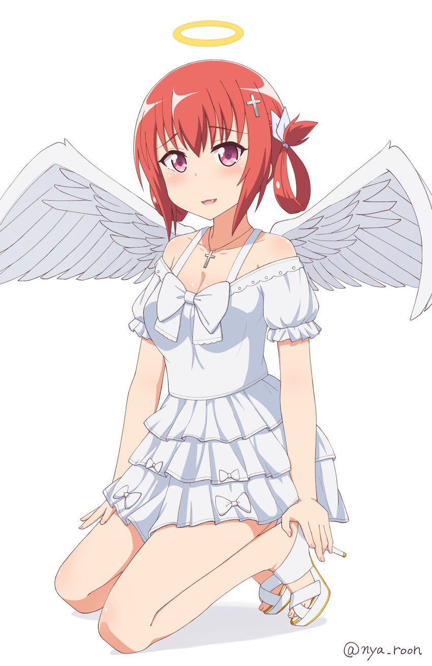 :3 alternate_costume angel angel_wings bad_id bad_pixiv_id bare_shoulders blush bow breasts cleavage cross cross_hair_ornament cross_necklace dress eyebrows_visible_through_hair fang feathered_wings frilled_dress frills full_body gabriel_dropout hair_ornament hair_rings halo hand_on_own_foot high_heels highres irony jewelry kneeling kurumizawa_satanichia_mcdowell long_hair looking_at_viewer medium_breasts necklace nyaroon off-shoulder_dress off_shoulder open_mouth puffy_short_sleeves puffy_sleeves purple_eyes red_hair short_dress short_sleeves signature solo twitter_username white_background white_bow white_dress white_footwear white_wings wings