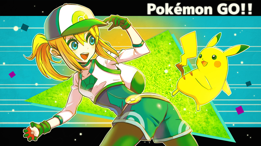 :d ass bad_id bad_pixiv_id baseball_cap black_gloves black_legwear blonde_hair blue_eyes blush breasts choker collarbone copyright_name cowboy_shot crop_top cropped_jacket eyelashes female_protagonist_(pokemon_go) flat_ass gen_1_pokemon gloves hat highres holding holding_poke_ball jacket legs_apart long_hair long_sleeves looking_at_another mushiki_k open_mouth outline pantyhose pikachu poke_ball poke_ball_(generic) poke_ball_theme pokemon pokemon_(creature) pokemon_(game) pokemon_go ponytail sidelocks small_breasts smile solo tareme teeth text_focus tongue unitard white_jacket white_outline