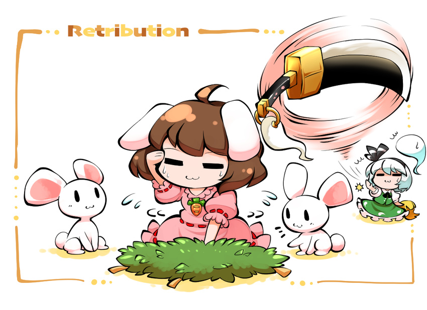 :3 =_= animal_ears black_hairband brown_hair bunny bunny_ears bunny_tail carrot_necklace flying_sweatdrops hair_ribbon hairband huge_weapon inaba inaba_tewi kashuu_(b-q) konpaku_youmu konpaku_youmu_(ghost) multiple_girls ribbon short_hair sweatdrop sword tail throwing touhou weapon white_hair