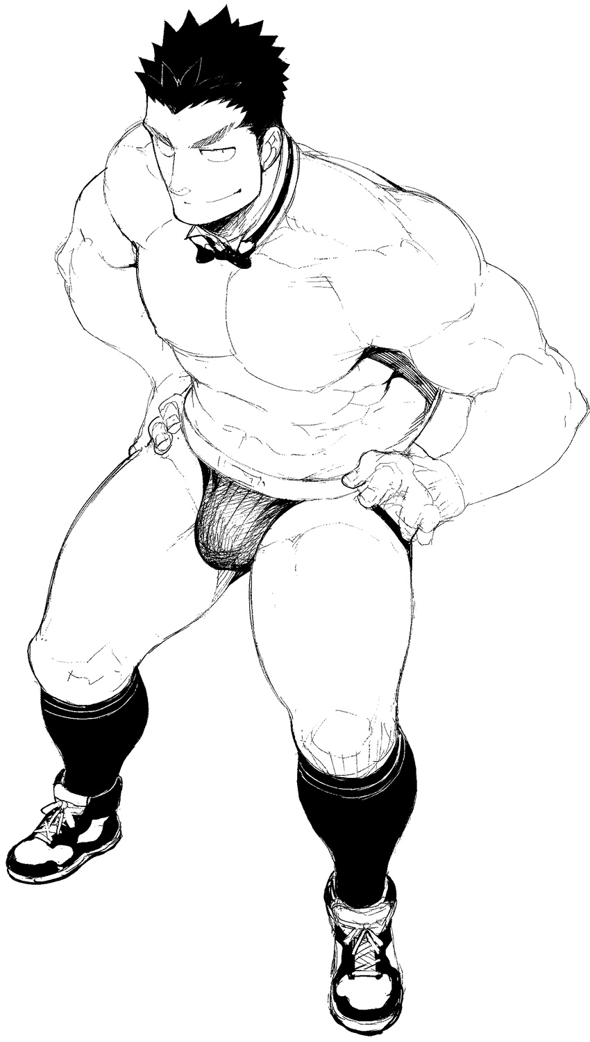 1boy abs bara bulge crotch full_body highres male_focus muscle naop pecs shoes smile sock solo tagme