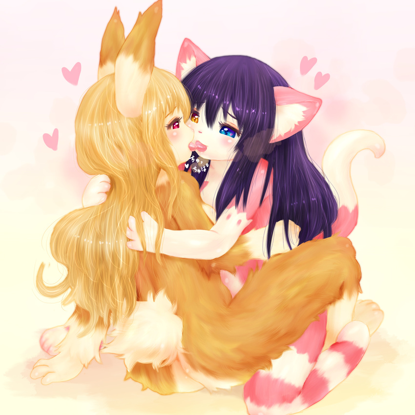 2girls black_hair blue_eyes cat french_kissing furry kissing multiple_girls orange_hair rabbit red_eyes tashiro_yuu tongue yellow_eyes yuri