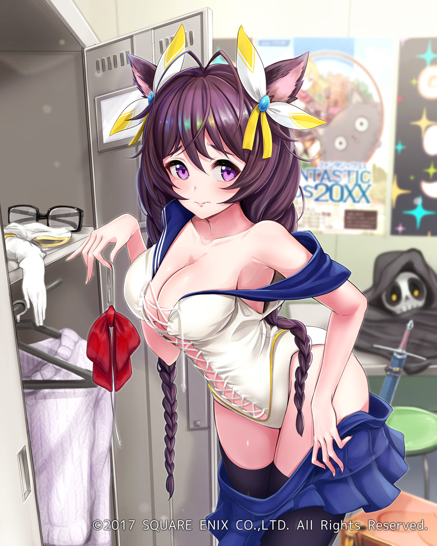 animal_ears bow braid breasts brown_hair cat_ears cleavage dressing eyewear_removed gloves gloves_removed hair_ornament highres large_breasts leotard locker looking_at_viewer mappaninatta off_shoulder official_art pleated_skirt sailor_collar skirt solo standing sword thighhighs twin_braids venus_rumble watermark weapon