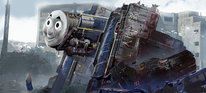 arms_behind_back bird blush brown_hair building city cloud commentary ground_vehicle horror_(theme) jongmin long_hair mecha science_fiction sky smile tally thomas_the_tank_engine thomas_the_tank_engine_(character) train tree