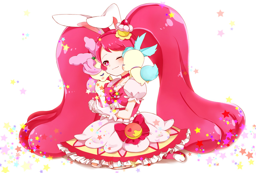 aihira_(aihira12) animal_ears bunny_ears choker closed_mouth creature cure_whip dress fairy full_body gloves hairband highres kirakira_precure_a_la_mode kirarin_(precure) kneeling long_hair magical_girl one_eye_closed pikario_(precure) pink_eyes pink_footwear pink_hair pink_hairband pink_neckwear precure shoes simple_background smile star twintails usami_ichika white_background white_dress white_gloves