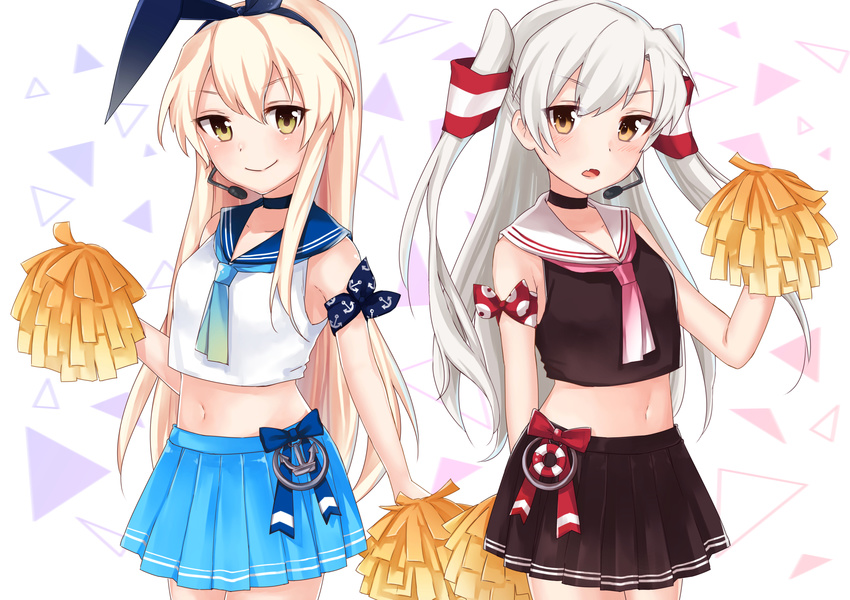 amatsukaze_(kantai_collection) anchor anchor_print animal_ears arm_at_side arm_wrap bandana black_choker blonde_hair blue_bow blue_neckwear blue_sailor_collar blue_skirt blush bow breasts brown_eyes brown_shirt brown_skirt bunny_ears cheerleader choker closed_mouth collarbone commentary cowboy_shot crop_top eyebrows_visible_through_hair fake_animal_ears fang green_eyes hair_between_eyes hair_ribbon hairband hand_up headset highres holding idol kantai_collection kawagami_raito lifebuoy light_frown long_hair looking_at_viewer midriff multiple_girls navel neckerchief open_mouth patterned_background pink_neckwear pleated_skirt pom_poms red_bow ribbon sailor_collar shimakaze_(kantai_collection) shirt single_sidelock skirt sleeveless sleeveless_shirt smile standing triangle two_side_up v-shaped_eyebrows very_long_hair white_background white_hair white_sailor_collar white_shirt