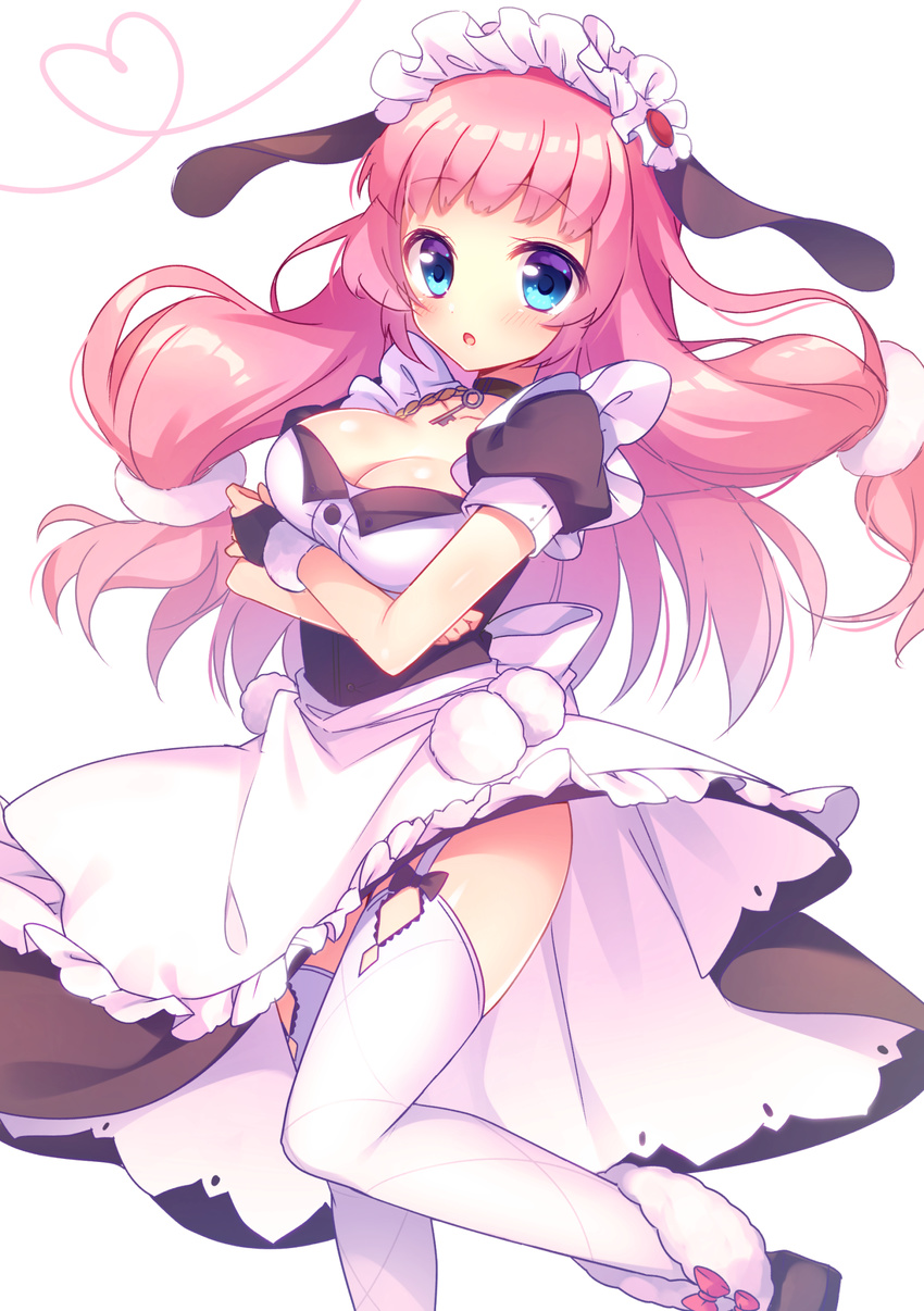 :o animal_ears apron azur_lane bangs black_bow black_choker black_dress black_footwear blue_eyes blush bow breasts bunny_ears choker cleavage collarbone dress eyebrows_visible_through_hair frilled_apron frills garter_straps hair_ornament heart highres key large_breasts long_hair looking_at_viewer maid maid_headdress parted_lips pink_hair puffy_short_sleeves puffy_sleeves red_bow remodel_(azur_lane) shoes short_sleeves simple_background solo standing standing_on_one_leg suffolk_(azur_lane) thighhighs very_long_hair waist_apron white_apron white_background white_legwear ytuorvi