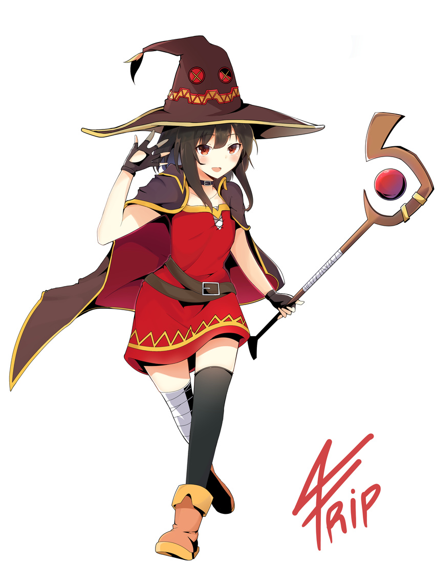 absurdres bandaged_leg bandages belt black_belt black_gloves black_hair black_legwear cape collar dress fingerless_gloves fripside gloves hat highres holding holding_staff kono_subarashii_sekai_ni_shukufuku_wo! megumin mismatched_legwear red_dress red_eyes short_hair_with_long_locks single_thighhigh staff thighhighs witch_hat