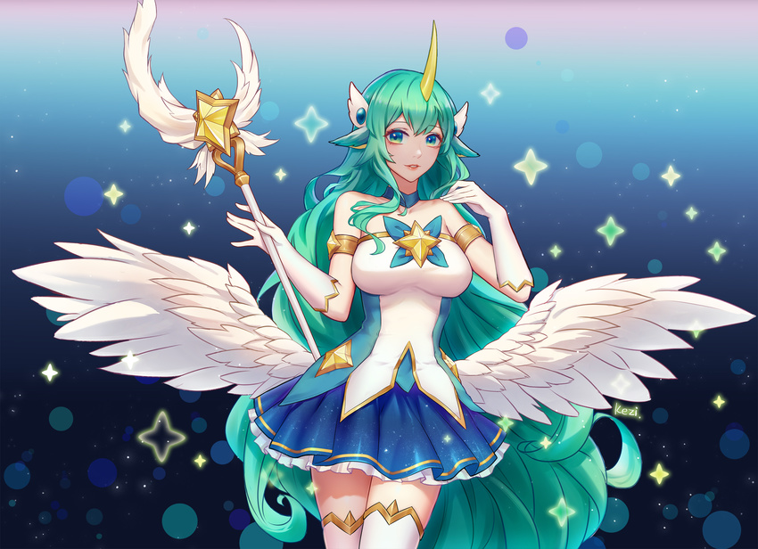 alternate_costume alternate_hair_color asymmetrical_gloves bare_shoulders blue_skirt breasts choker commentary cowboy_shot elbow_gloves gloves green_eyes green_hair highres horn kezi large_breasts league_of_legends long_hair looking_at_viewer low_wings magical_girl parted_lips skirt smile solo soraka staff star_guardian_soraka thighhighs very_long_hair white_gloves white_legwear wings