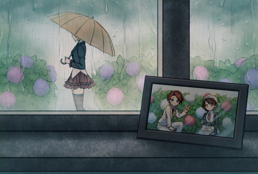 aluce beatrice blonde_hair brown_hair bush child flower frame grin hat hydrangea maid photo_(object) rain red_hair shannon skirt smile striped striped_legwear thighhighs umbrella umineko_no_naku_koro_ni ushiromiya_battler v window younger