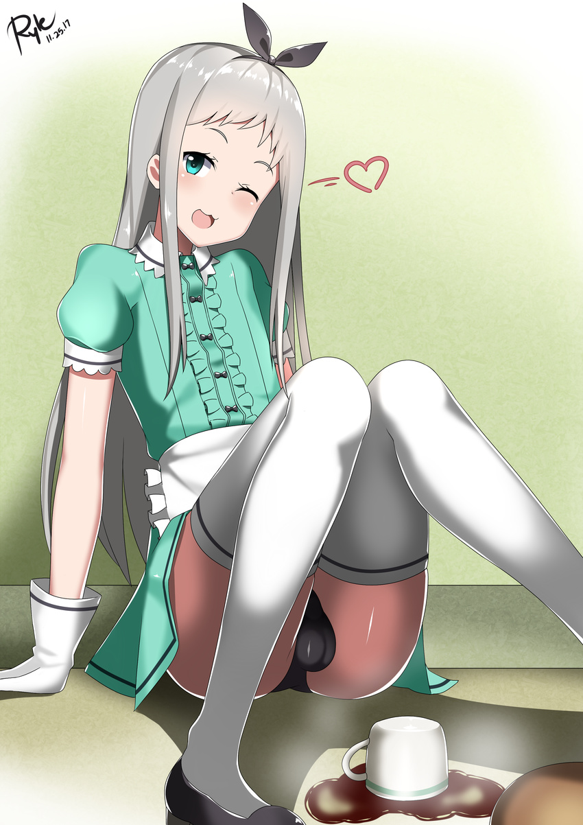1boy blend_s bulge green_eyes headband highres kanzaki_hideri legs_together looking_down ryle silver_hair solo spilled thighhighs tongue tongue_out trap white_legwear