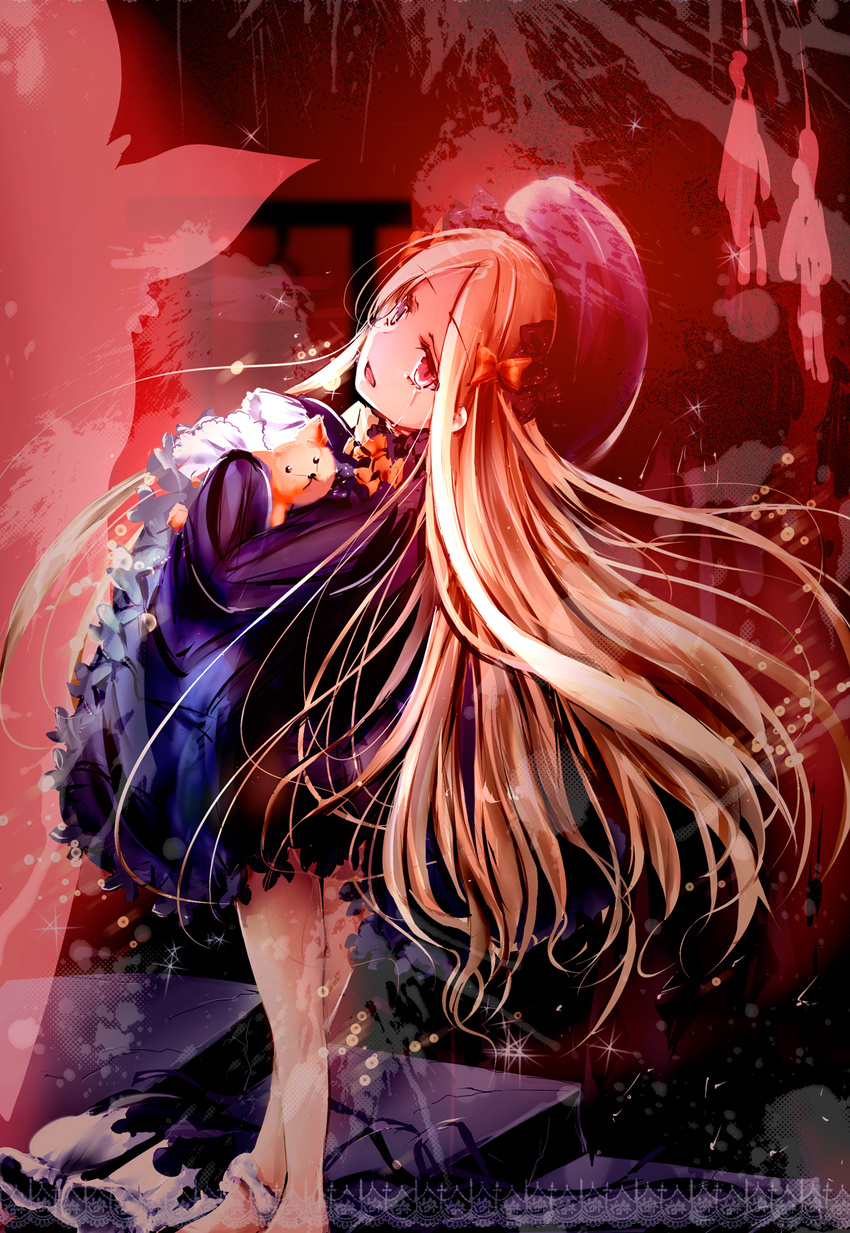 abigail_williams_(fate/grand_order) barefoot black_bow black_dress black_hat blonde_hair bow child commentary death dress fate/grand_order fate_(series) gallows gothic_lolita hair_bow hair_ornament hanged hat highres holding_toy kimura_shuuichi lolita_fashion long_hair long_sleeves orange_bow red_eyes sad silhouette sleeves_past_wrists solo standing stuffed_toy tears