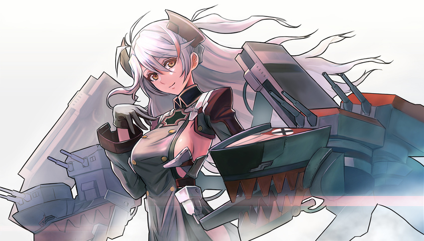 antenna_hair azur_lane bangs breasts buttons closed_mouth eyebrows eyebrows_visible_through_hair eyelashes floating_hair gloves gradient gradient_background grey_gloves hair_between_eyes hair_ornament head_tilt lips long_hair long_sleeves machinery medium_breasts military military_uniform multicolored multicolored_background multicolored_hair mushiki_k no_bra orange_eyes prinz_eugen_(azur_lane) red_hair sideboob silver_background silver_hair smile solo streaked_hair turret two-tone_background two-tone_hair two_side_up uniform white_background wide_sleeves