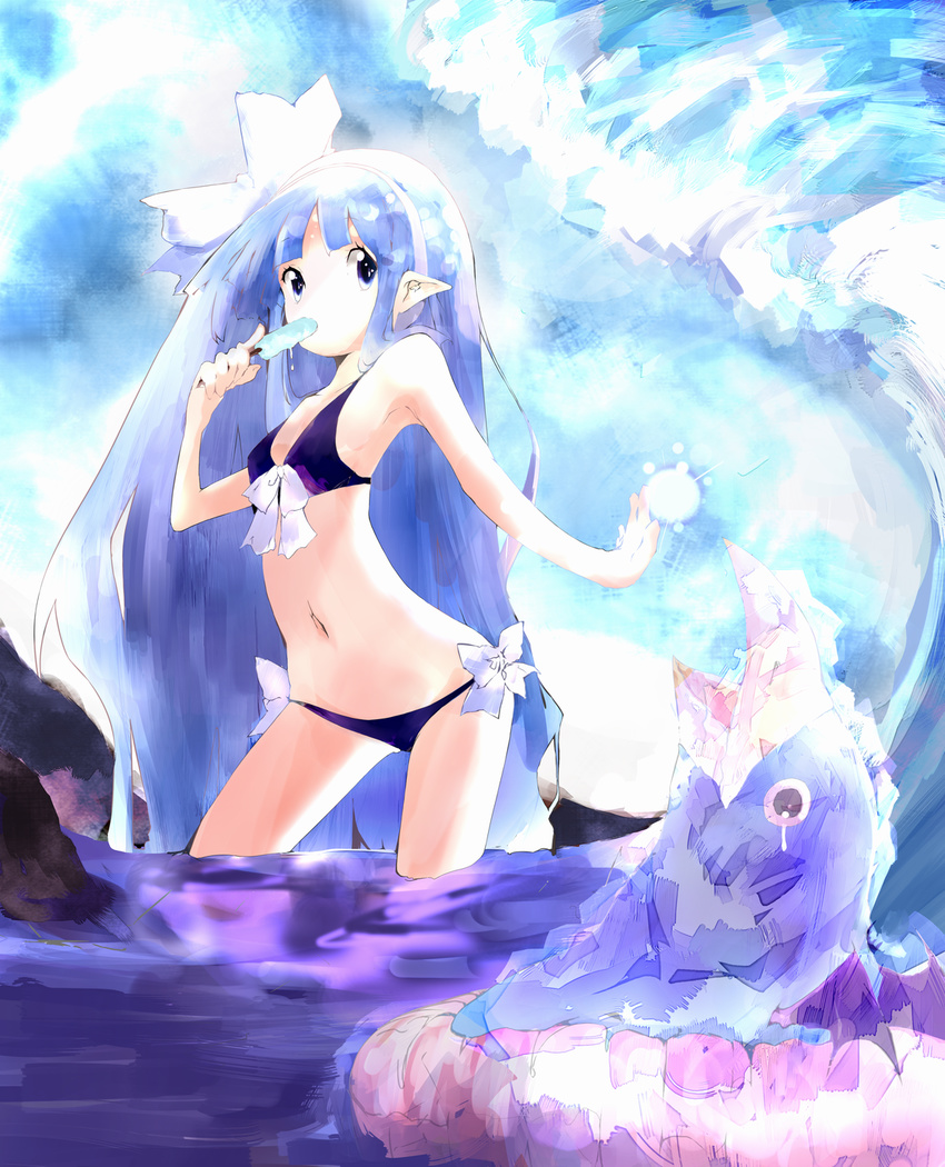 blue_eyes blue_hair bow commentary_request demon_wings disgaea dress eyebrows_visible_through_hair food hairband highres ice ice_cream long_hair mage_(disgaea) open_mouth pointy_ears prinny shado_ne swimsuit white_bow white_hairband wings