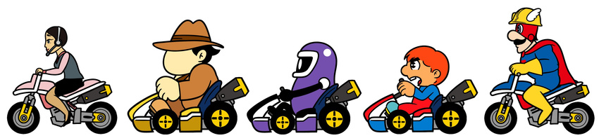 3boys black_hair buck_teeth commentary dirk_drain-head donkey_kong_(series) donkey_kong_3 eggplant_man faceless faceless_male fedora go_kart ground_vehicle hat helmet high_heels highres indiana_joe jpsupper long_image mario_(series) mario_kart mario_kart_8 mary_o motor_vehicle motorcycle multiple_boys nintendo_comics_system office_lady orange_hair overalls short_hair simple_background stanley_(donkey_kong) super_mario_maker the_super_mario_bros._super_show! white_background wide_image winged_helmet wrecking_crew