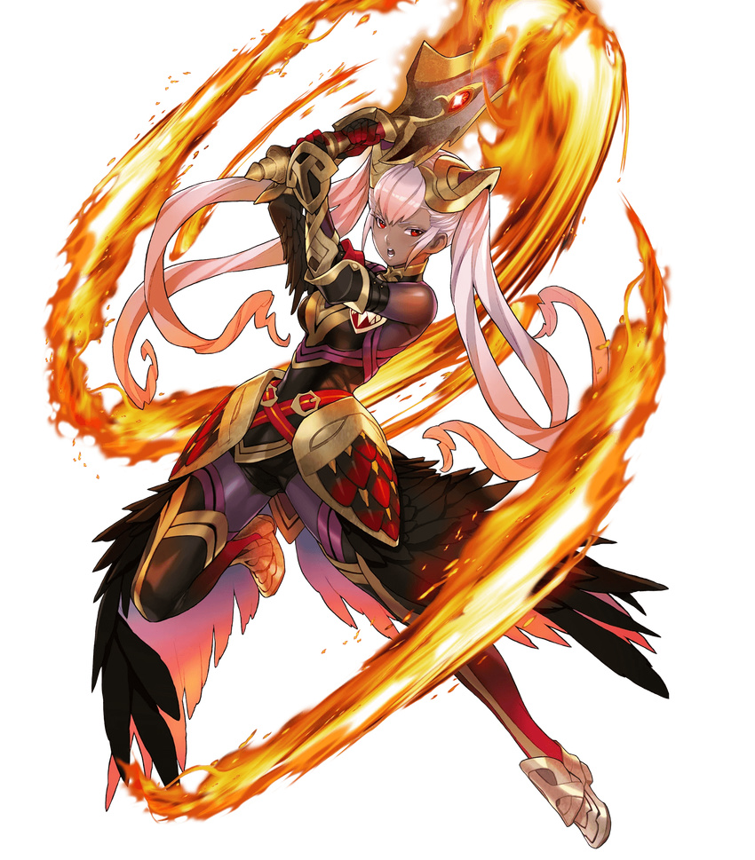armor bare_shoulders belt breasts dark_skin elbow_gloves feather_trim feathers fire fire_emblem fire_emblem_heroes full_body gauntlets gloves gradient gradient_hair hair_ornament highres laevateinn_(fire_emblem_heroes) leg_up long_hair looking_at_viewer maeshima_shigeki medium_breasts multicolored_hair official_art open_mouth overskirt pink_hair red_eyes red_hair sleeveless solo thighhighs transparent_background twintails weapon
