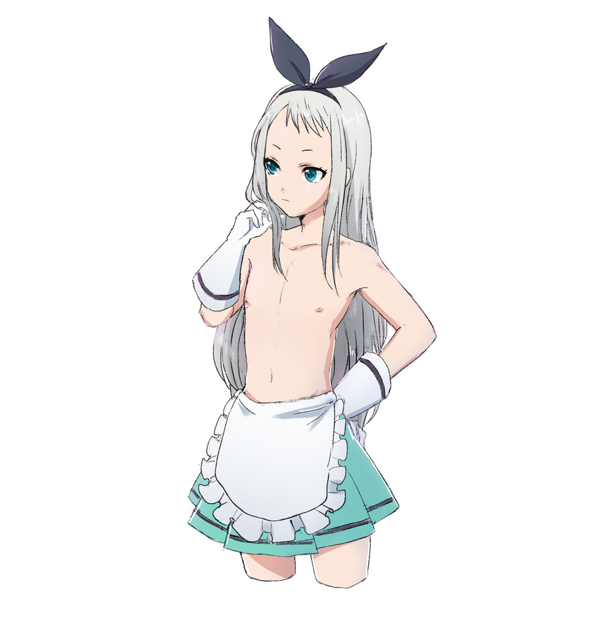 absurdres androgynous apron areolae black_hairband blend_s collarbone gloves green_eyes hairband highres kanzaki_hideri long_hair male_focus open_mouth otoko_no_ko pleated_skirt shirtless silver_hair simple_background sin3c12 skirt solo stile_uniform thighs waist_apron white_background white_gloves