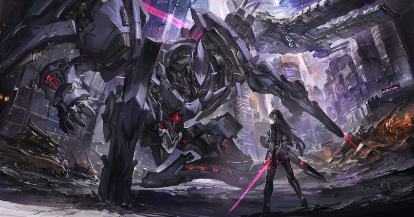 black_footwear black_gloves black_hair black_legwear boots breasts closed_mouth floating_hair from_behind gloves headgear highres holding holding_sword holding_weapon iron_saga light_particles long_hair looking_at_viewer looking_back mecha oboro_(iron_saga) pantyhose red_eyes ruins sheath shorts standing stu_dts sword thigh_boots thighhighs uniform weapon