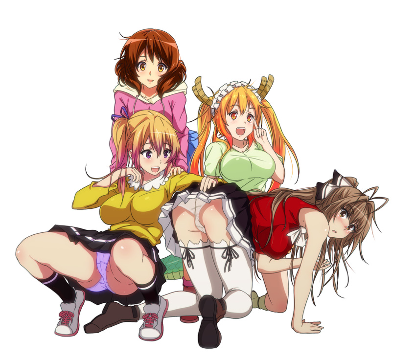 :d :o all_fours amagi_brilliant_park ankle_boots antenna_hair ascot ass assisted_exposure bangs bare_arms bare_shoulders black_legwear black_ribbon black_skirt blonde_hair blue_skirt blush boots breasts brown_eyes brown_footwear brown_hair cameltoe cleavage company_connection crossover dragon_horns eyebrows_visible_through_hair frilled_panties frills full_body gradient_hair green_shirt hair_intakes hanging_breasts hibike!_euphonium hood hood_down hooded_sweater hoodie horns index_finger_raised kawakami_mai kneehighs kneeling kobayashi-san_chi_no_maidragon kyoto_animation large_breasts lavender_panties leaning_back lifted_by_another long_hair long_sleeves looking_at_viewer looking_back looking_to_the_side maid_headdress multicolored_hair multiple_girls musaigen_no_phantom_world nose_blush odd_one_out open_mouth orange_hair oumae_kumiko panties pantyshot pantyshot_(squatting) parted_lips pink_hair pink_sweater pleated_skirt ponytail purple_eyes red_eyes red_shirt ribbon round_teeth sbel02 sento_isuzu shirt short_hair short_sleeves side_ponytail simple_background skirt skirt_lift sleeveless sleeveless_shirt smile spread_legs squatting standing sweater tareme teeth thighhighs thighs tiptoes tooru_(maidragon) twintails underwear upskirt very_long_hair white_background white_footwear white_legwear white_neckwear white_panties yellow_shirt