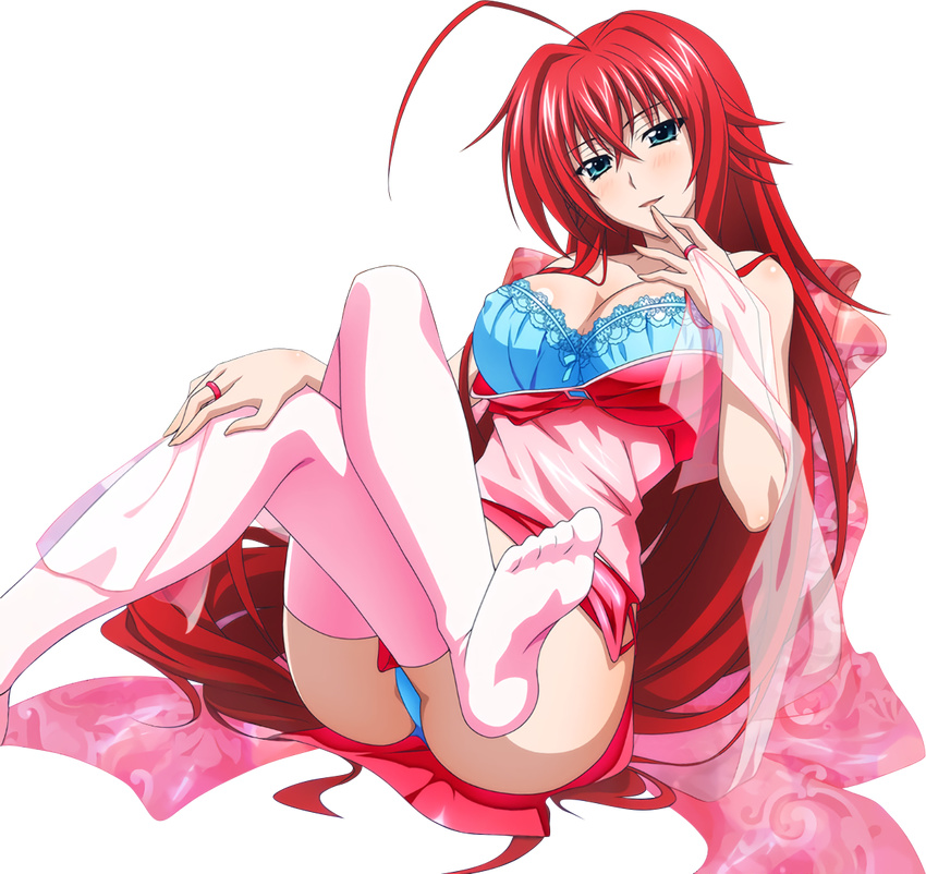 1girl ahoge blue_eyes blush breasts feet finger_to_mouth high_school_dxd large_breasts legs_crossed legwear long_hair looking_at_viewer parted_lips red_hair rias_gremory soles toes transparent_background