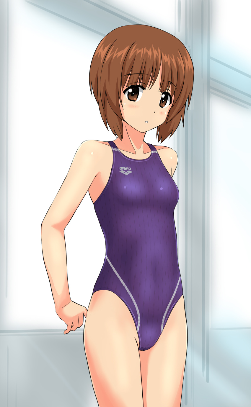 arena_(company) arms_behind_back breasts brown_eyes brown_hair competition_swimsuit cowboy_shot girls_und_panzer highres logo looking_at_viewer nishizumi_miho one-piece_swimsuit parted_lips purple_swimsuit short_hair small_breasts solo standing swimsuit takafumi window