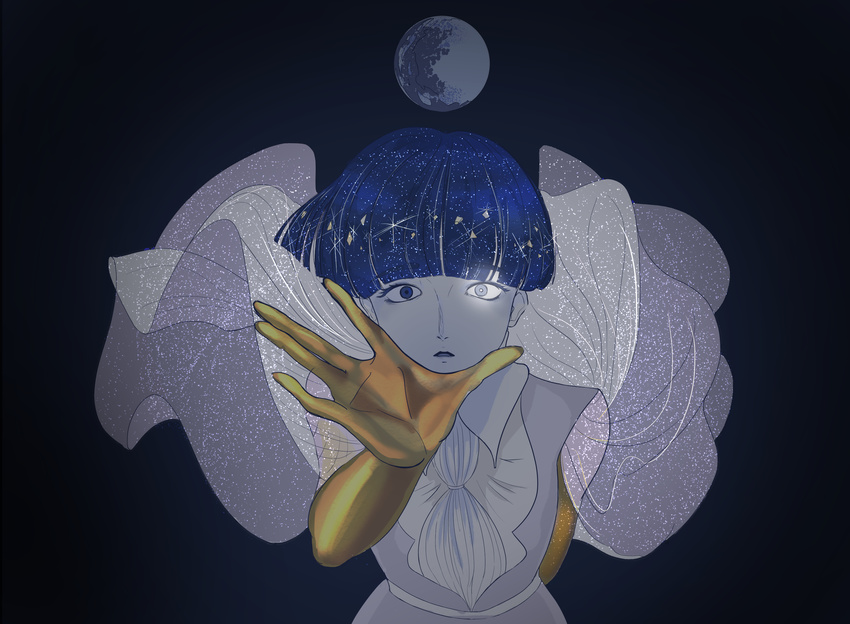 absurdres androgynous arm_behind_back bad_id bad_tumblr_id bangs blue_eyes blue_hair blunt_bangs dark_background golden_arms heterochromia highres houseki_no_kuni looking_at_viewer matiruda moon outstretched_arm parted_lips phosphophyllite phosphophyllite_(ll) simple_background solo spoilers