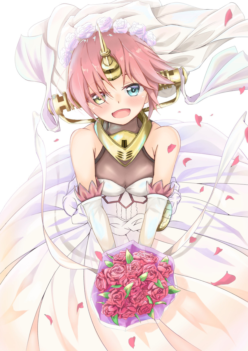 :d absurdres blue_eyes bouquet breasts bridal_veil dress elbow_gloves fate/apocrypha fate_(series) flower frankenstein's_monster_(fate) gloves hair_flower hair_ornament head_tilt heterochromia highres holding holding_bouquet horn nyoon open_mouth petals pink_hair red_flower short_hair simple_background small_breasts smile solo standing veil wedding_dress white_background white_flower white_gloves yellow_eyes