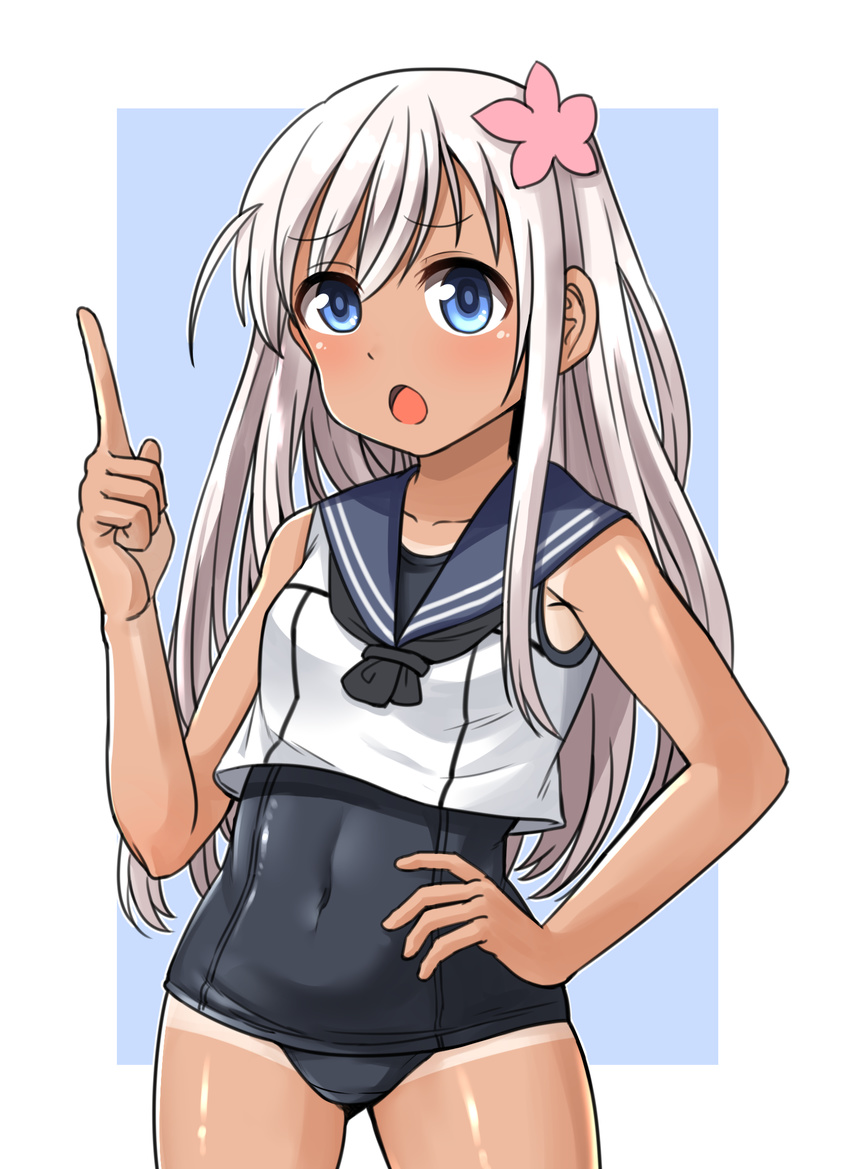 blonde_hair blue_eyes blue_sailor_collar contrapposto cowboy_shot crop_top flower hair_flower hair_ornament hand_on_hip highres index_finger_raised kantai_collection long_hair one-piece_swimsuit one-piece_tan open_mouth ro-500_(kantai_collection) sailor_collar school_swimsuit solo standing swimsuit swimsuit_under_clothes tan tanline yong-gok