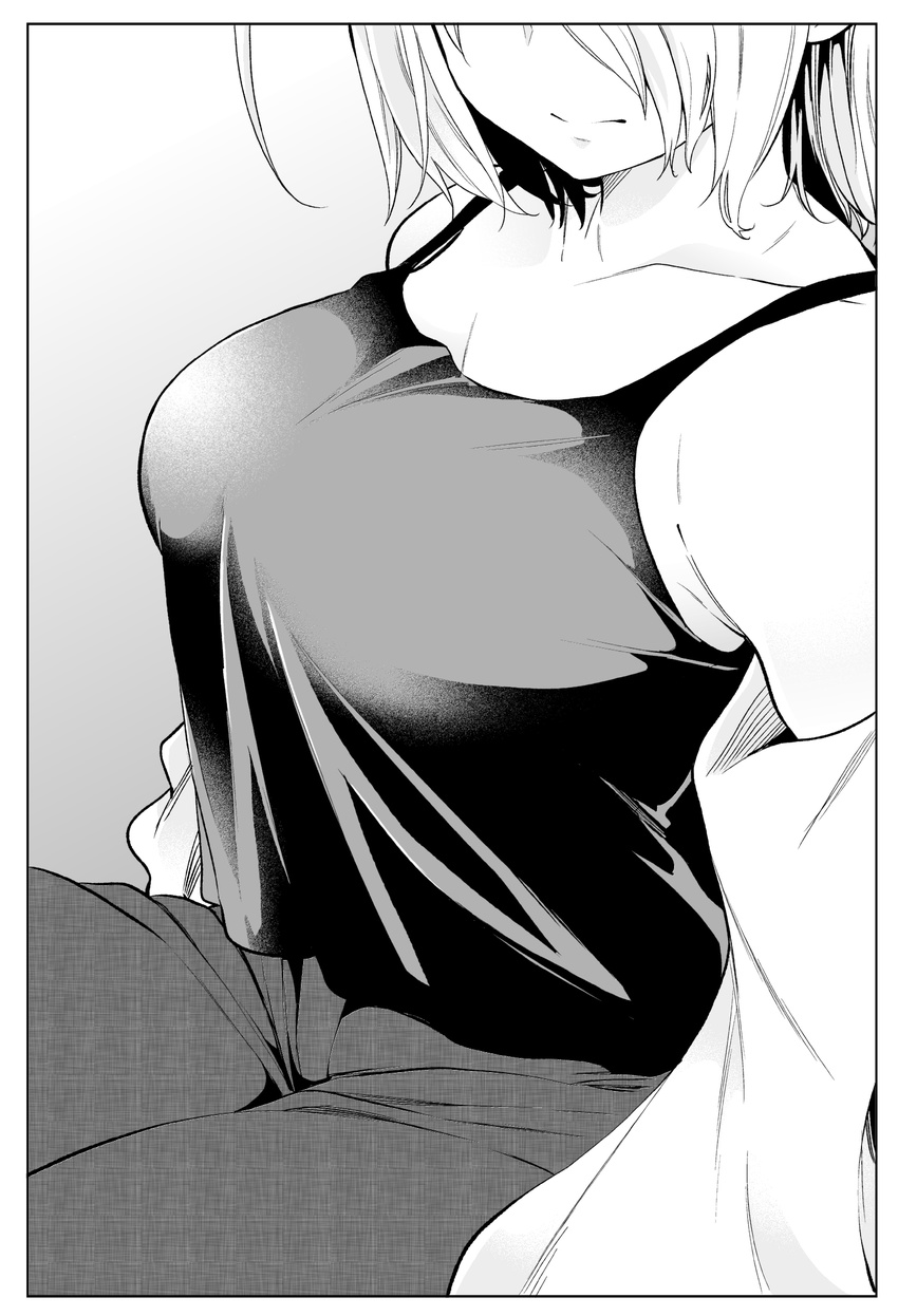 3: breasts camisole closed_mouth coat collarbone commentary_request greyscale highres large_breasts monochrome nande_koko_ni_sensei_ga!? open_clothes open_coat pants soborou solo