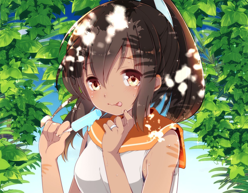 brown_eyes brown_hair food fujisaki_hikari hair_ornament hairclip i-401_(kantai_collection) ice_cream jewelry kantai_collection leaf one-piece_swimsuit one-piece_tan ponytail popsicle ring sailor_collar school_swimsuit shade swimsuit swimsuit_under_clothes tan tanline