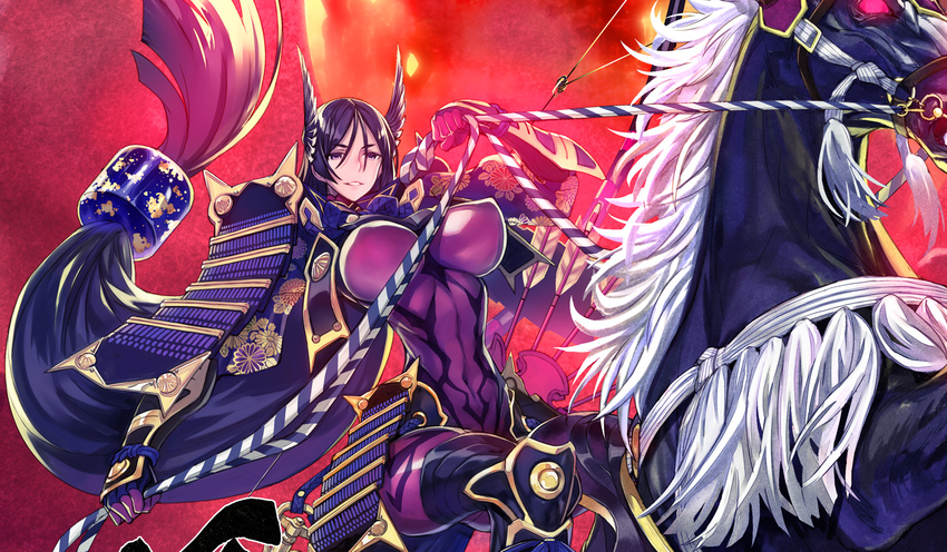 armor bangs black_fur black_gloves bodysuit breasts commentary_request covered_navel covered_nipples elbow_gloves fate/grand_order fate_(series) fingerless_gloves floral_print gloves hair_between_eyes hair_ornament highres horse horseback_riding japanese_armor kote kusazuri large_breasts llamrei_(fate) long_hair looking_at_viewer low-tied_long_hair matsuryuu minamoto_no_raikou_(fate/grand_order) narrow_waist parted_bangs purple_bodysuit purple_eyes purple_hair red_background reins riding shoulder_armor smile sode solo suneate very_long_hair winged_hair_ornament