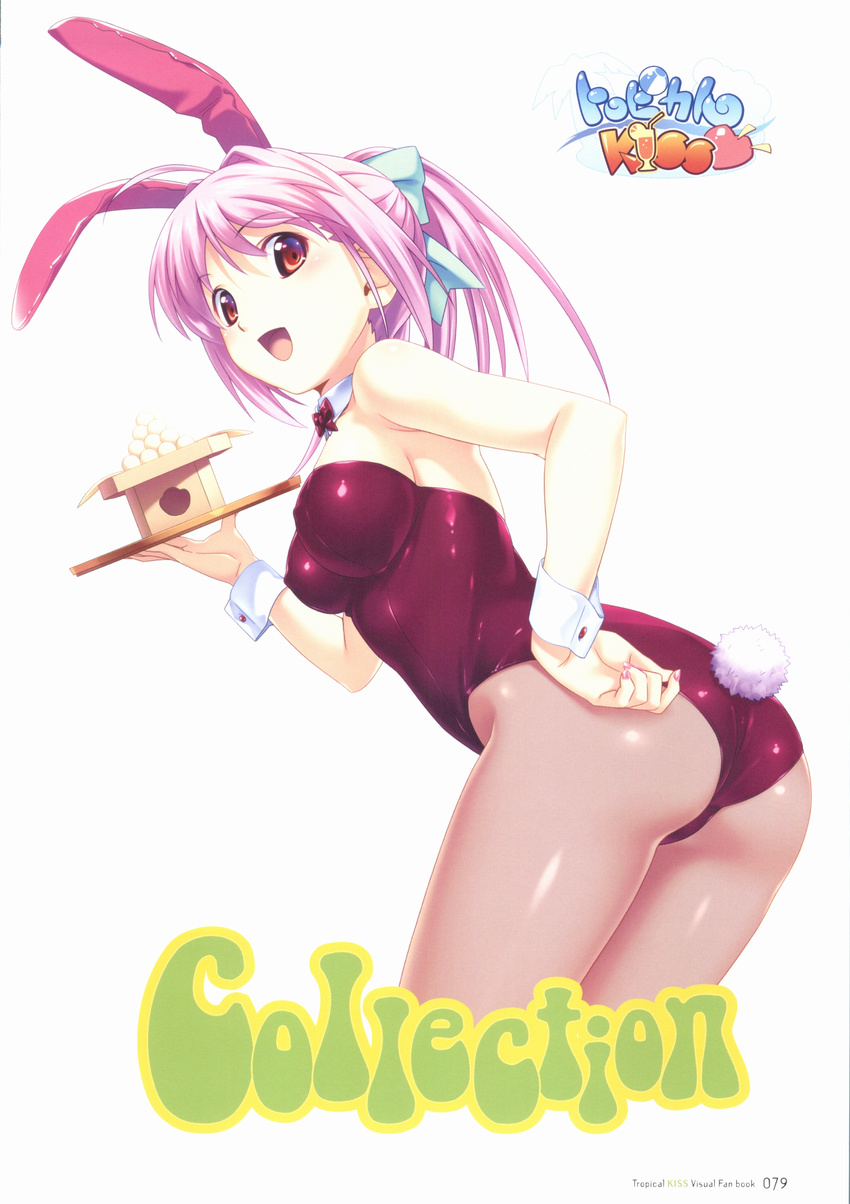 absurdres animal_ears ass bangs bare_shoulders bow breasts bunny_ears bunny_tail bunnysuit covered_nipples dango detached_collar eyebrows_visible_through_hair fake_animal_ears food hair_bow hand_on_hip highres hinata_hanabi holding koutaro leotard logo long_hair looking_at_viewer looking_back medium_breasts nail_polish official_art open_mouth pantyhose pink_hair red_eyes scan simple_background smile solo strapless strapless_leotard tail tropical_kiss tsukimi_dango wagashi white_background wrist_cuffs