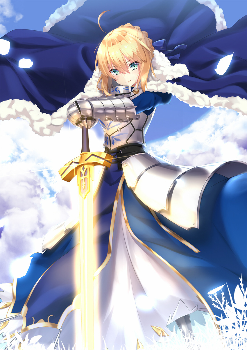 ahoge artoria_pendragon_(all) blonde_hair blue_dress braid breastplate closed_mouth commentary_request day dress excalibur fate/grand_order fate/stay_night fate_(series) french_braid fur_trim gauntlets green_eyes hair_between_eyes highres looking_at_viewer mirea outdoors petals planted_sword planted_weapon revision saber smile solo sword tsurime weapon