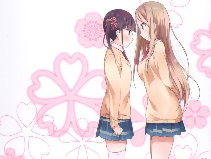 black_hair blonde_hair blush canon couple embarrassed eye_contact flower flower_petals hair_ornament happy looking_at_another minami_shizuku necktie noda_kotone official_art petals pigtails ribbon sakura_trick school_uniform simple_background skirt smile tachi_(gutsutoma) thighs uniform yuri