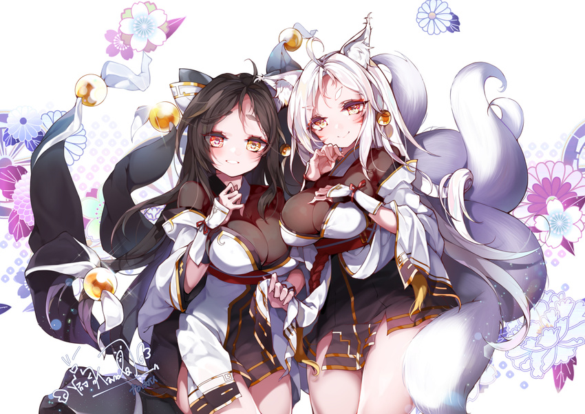 absurdres ara_han ara_han_(celestial_fox) asura_(elsword) breasts brown_hair cleavage commentary_request detached_sleeves elsword eun_(elsword) facial_mark flower fox_girl fox_tail gloves heterochromia highres japanese_clothes kanola_u large_breasts multiple_girls multiple_persona red_eyes shiny skirt smile tail white_hair yellow_eyes