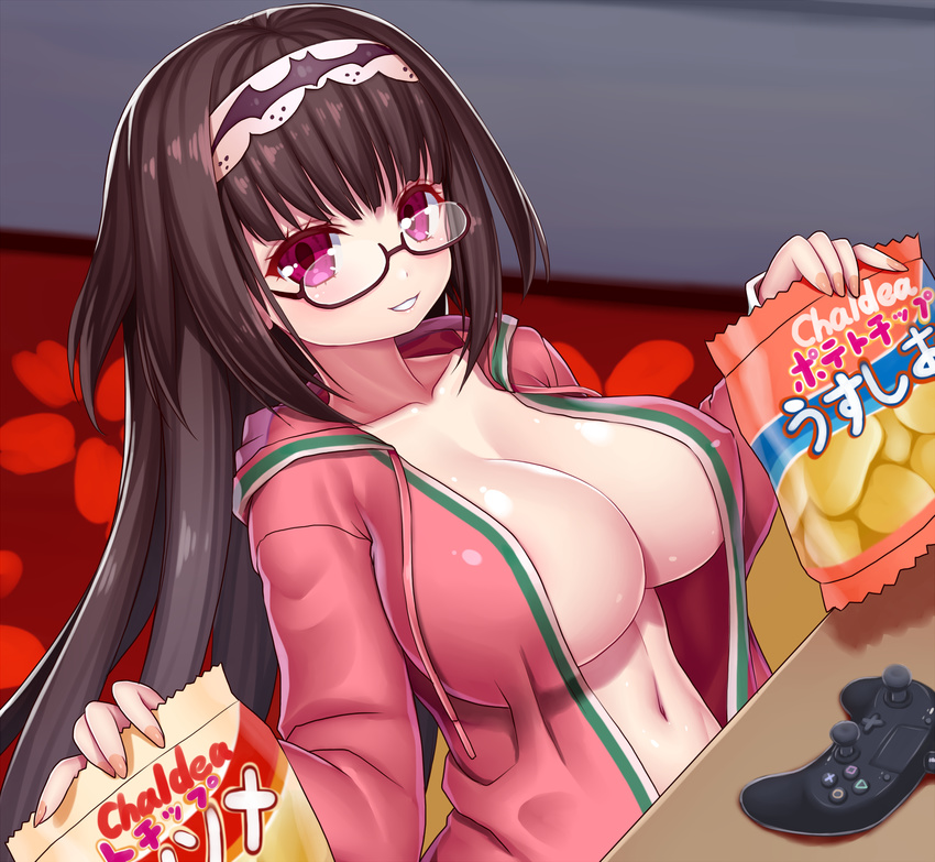 asamura_hiori bag_of_chips black_hair blush breasts brown_hair chips cleavage commentary_request controller fate/grand_order fate_(series) food game_controller glasses hairband highres holding hood hoodie large_breasts long_hair looking_at_viewer open_clothes open_hoodie open_mouth osakabe-hime_(fate/grand_order) parted_lips playstation_controller potato_chips purple_eyes red-framed_eyewear semi-rimless_eyewear smile solo under-rim_eyewear very_long_hair