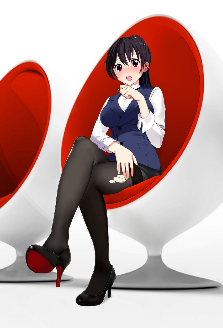 :o black_footwear black_hair black_legwear blue_vest blush breasts chair commentary_request crossed_legs full_body hair_between_eyes high_heels highres large_breasts long_hair office_lady original pantyhose ponytail red_eyes shirt solo torn_clothes torn_legwear vest white_background white_shirt zhi_chou