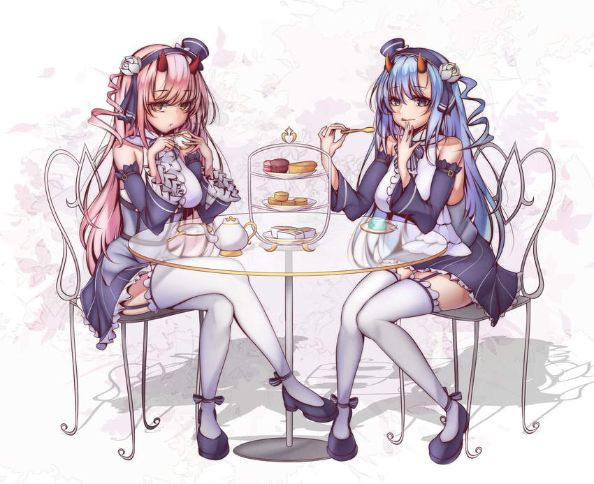 :q arm_belt azur_lane bangs bare_shoulders blue_dress blue_eyes blue_footwear blue_hair chair closed_mouth cookie covering_mouth crossed_legs cup detached_sleeves dress flower food garter_straps hair_between_eyes hair_flower hair_ornament hairband hat highres holding holding_food horns ikazuchi_(azur_lane) inazuma_(azur_lane) licking_lips long_hair long_sleeves looking_at_viewer mini_hat multiple_girls oni_horns pink_hair pudding shoes short_dress sitting table teacup teapot tetsu_(excalibur920) thighhighs tiered_tray tongue tongue_out tray white_legwear yellow_eyes