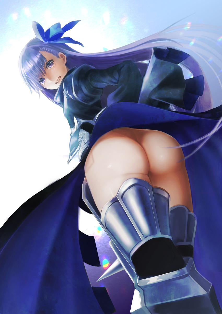 armor armored_boots ass boots clenched_teeth commentary_request fate/extra fate/extra_ccc fate/grand_order fate_(series) hair_ribbon highres long_hair looking_back meltlilith muishiki_(umauma016) purple_eyes purple_hair revealing_clothes ribbon solo tears teeth very_long_hair wide_sleeves