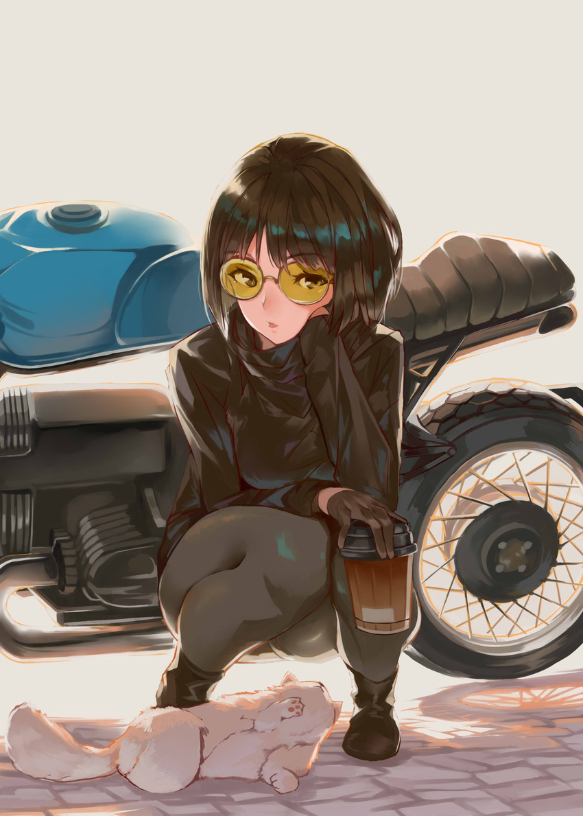 absurdres animal black_footwear black_gloves black_hair black_sweater boots coffee_cup cup disposable_cup eyebrows_visible_through_hair gloves grey_legwear ground_vehicle highres looking_at_viewer motor_vehicle motorcycle ohland short_hair solo squatting sunglasses sweater