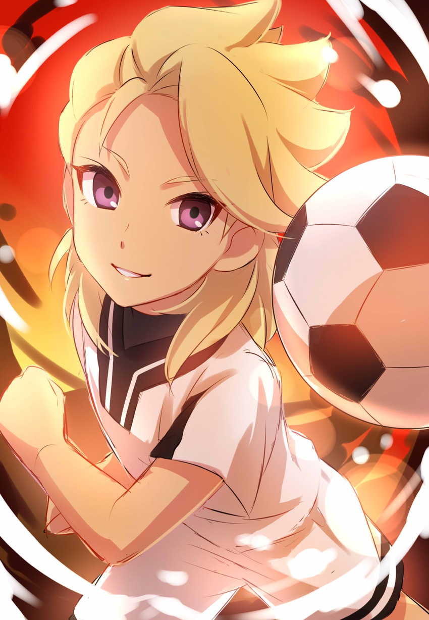 ball bangs blonde_hair clenched_hands cowboy_shot eyebrows_visible_through_hair highres inazuma_eleven_(series) inazuma_eleven_go inazuma_eleven_go_galaxy looking_at_viewer male_focus parted_lips purple_eyes roran_lazarev running sekina shirt short_sleeves shorts sketch smile soccer_ball soccer_uniform solo sportswear standing white_shirt white_shorts