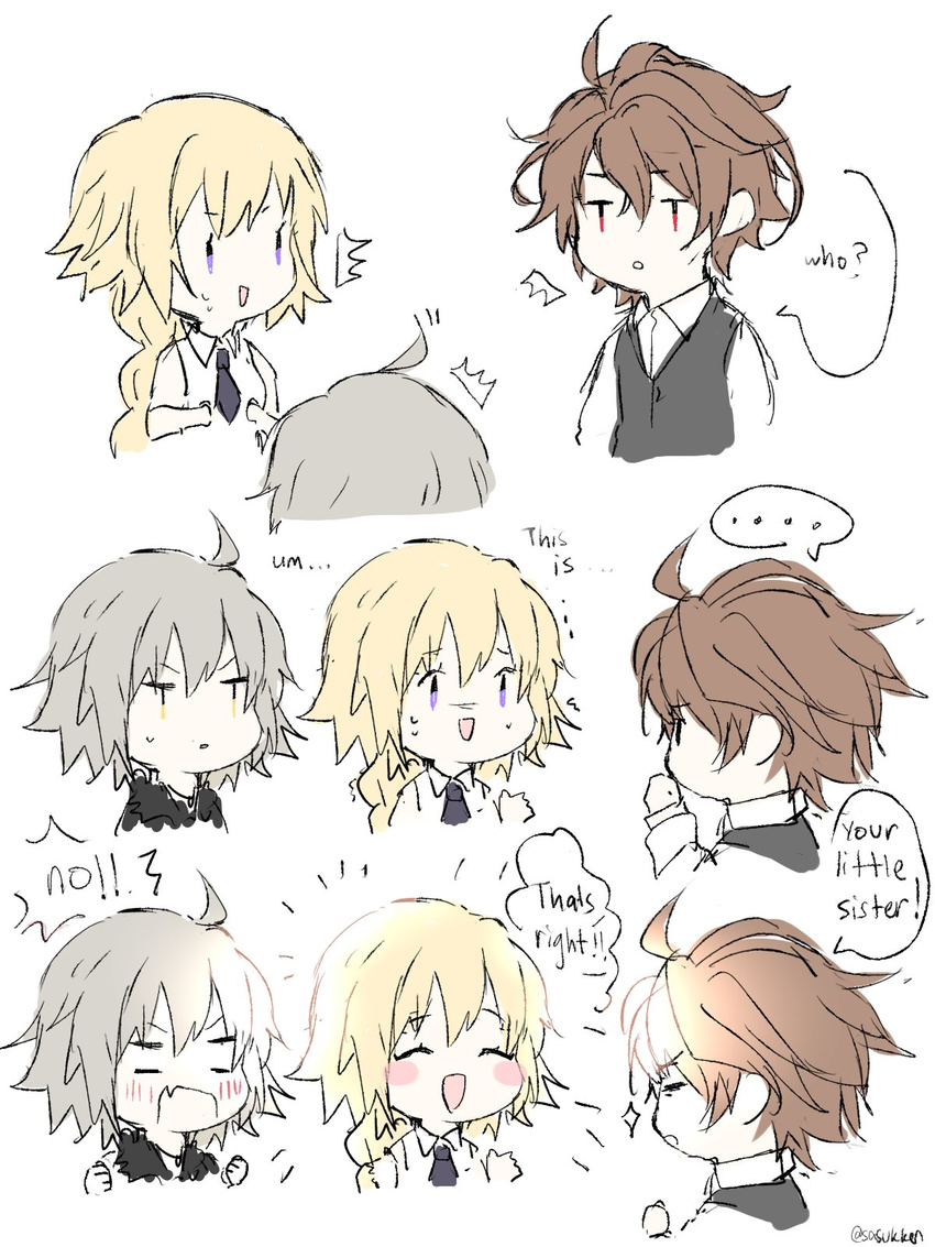 1boy 2girls :d ahoge bangs bare_shoulders black_capelet black_neckwear blank_eyes blonde_hair blush blush_stickers braid brown_hair capelet colorized comic commentary english eyebrows_visible_through_hair fate/apocrypha fate/grand_order fate_(series) from_side hand_on_own_chin highres hime_(sasukken) jeanne_d'arc_(fate) jeanne_d'arc_(fate)_(all) long_braid long_sleeves looking_at_another multiple_girls necktie open_mouth purple_eyes red_eyes shirt short_hair sieg_(fate/apocrypha) silver_hair single_braid sleeveless sleeveless_shirt smile speech_bubble sweat thinking thumbs_up waistcoat white_shirt yellow_eyes