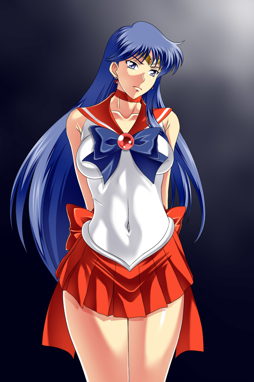 1girl arms_behind_back bishoujo_senshi_sailor_moon blue_background blue_bow blue_eyes blue_hair bow breasts choker collarbone covered_navel earrings eyebrows_visible_through_hair gloves gradient gradient_background highres hino_rei kamo_(nobuhide19790717) leotard long_hair looking_away looking_to_the_side matching_hair/eyes medium_breasts navel pleated_skirt red_bow red_neckwear red_sailor_collar red_skirt sailor_collar sailor_mars shiny_skin simple_background skirt solo standing tiara white_gloves white_leotard